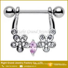 Chirurgischer Stahl Barbell rosa Zirkon auffällige Blumen Nipple Shield Ring